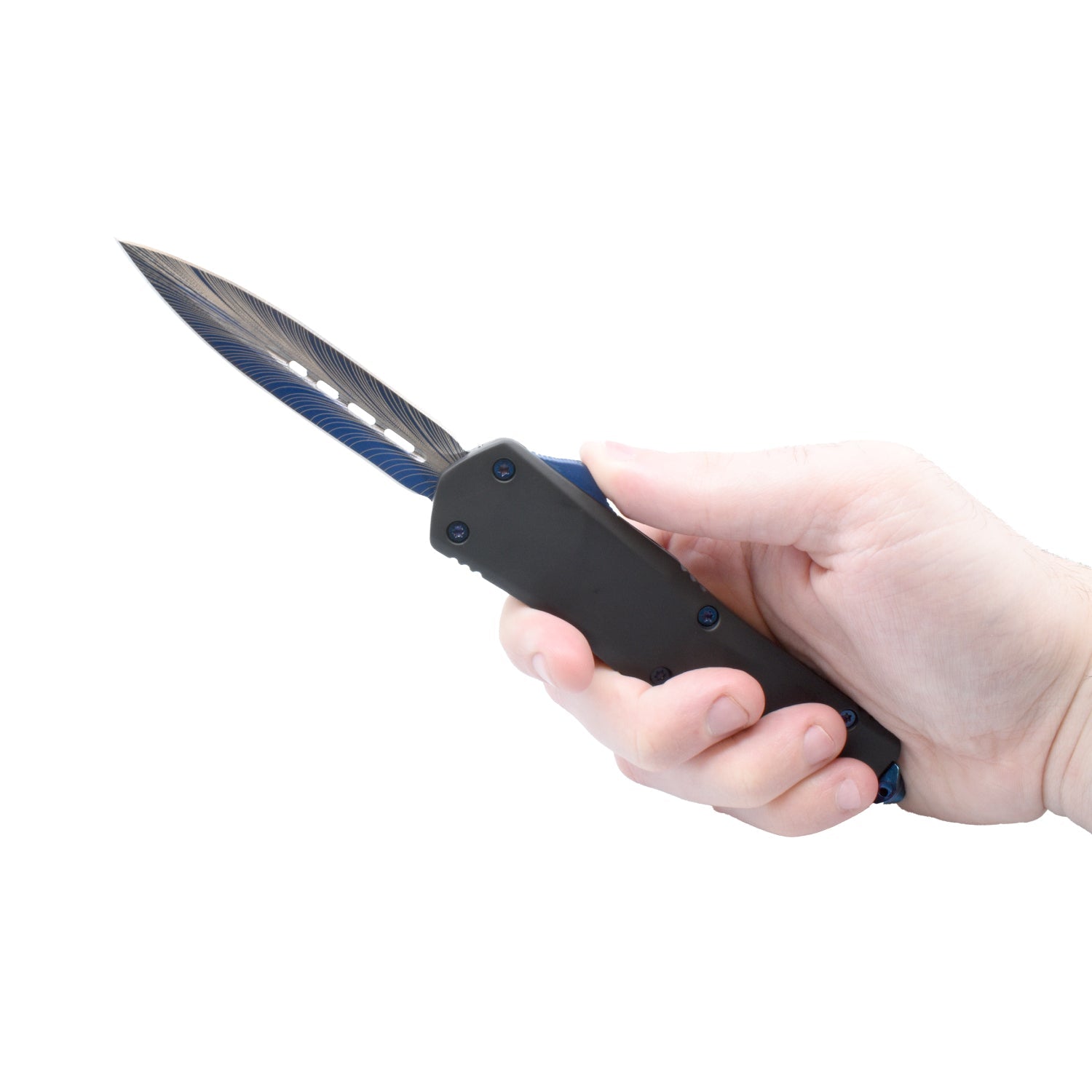 Double Edge Damascus Automatic OTF Knife w/ Belt Clip
