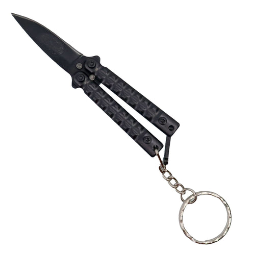 3.75 inch mini butterfly knife with keychain in black, shown open