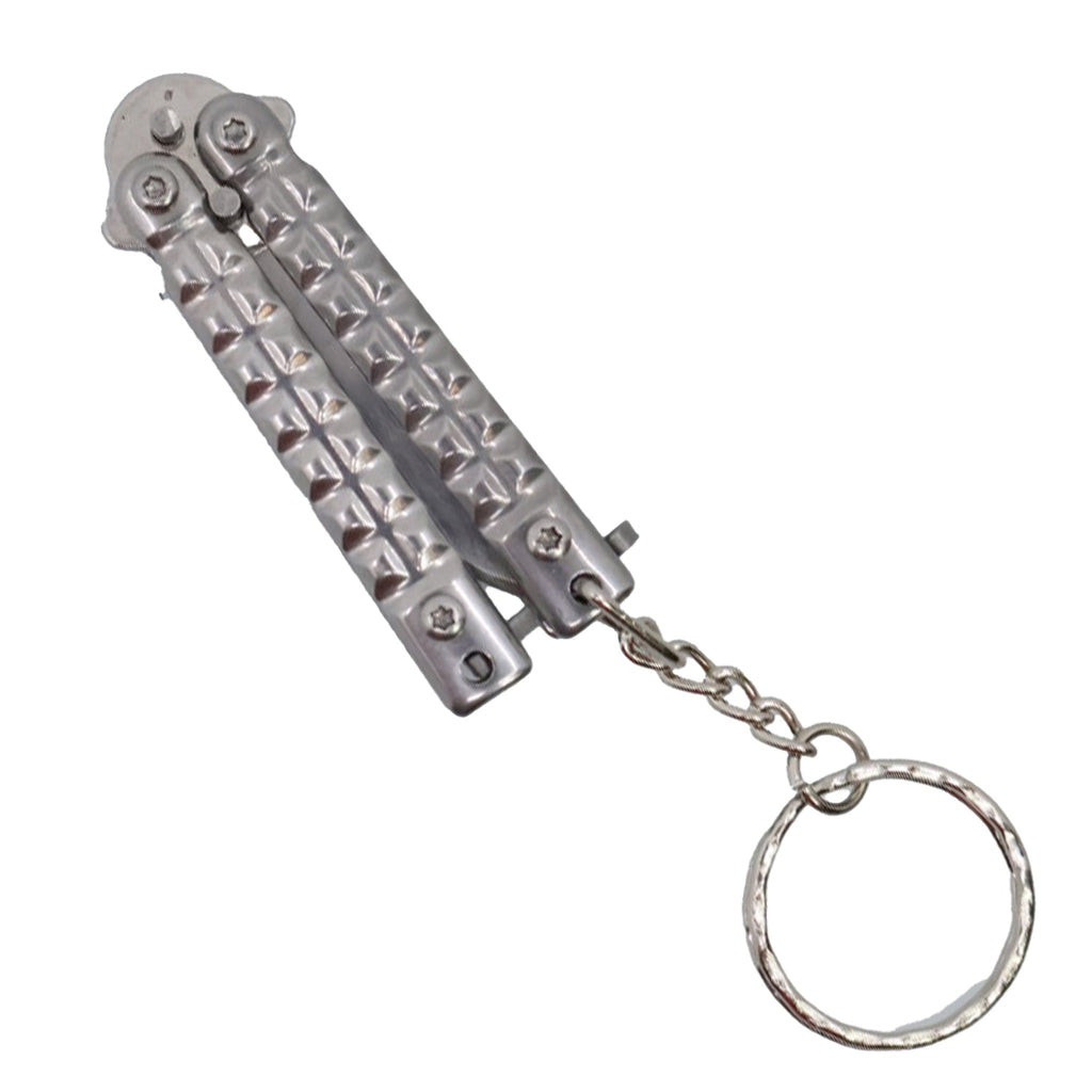 3.75 inch mini butterfly knife keychain folded closed in silver