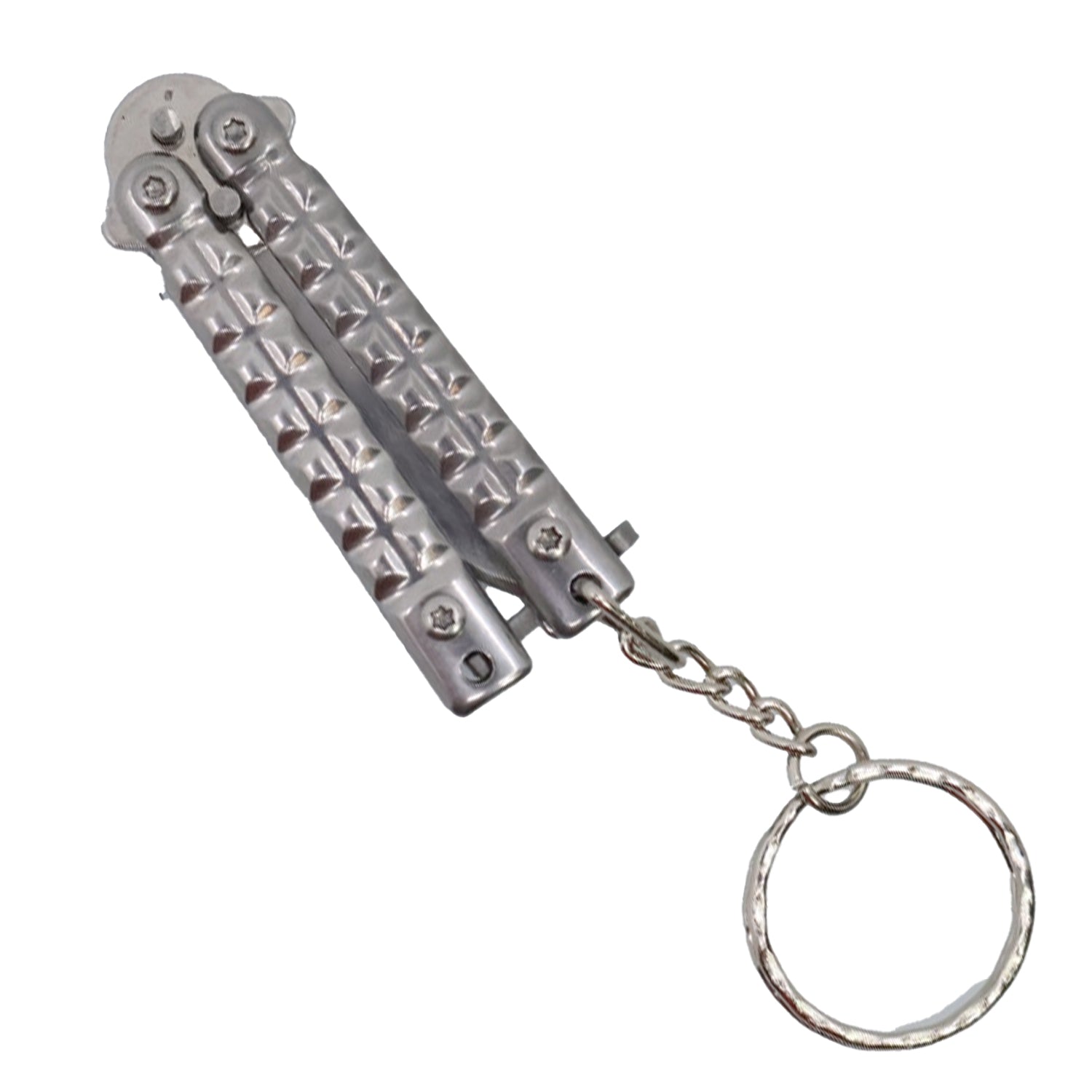 3.75 inch mini butterfly knife keychain folded closed in silver