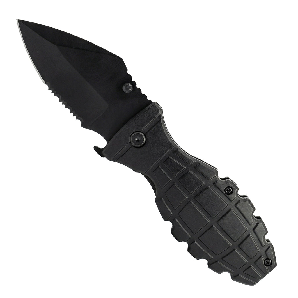 Black folding knife with a textured handle on a white background