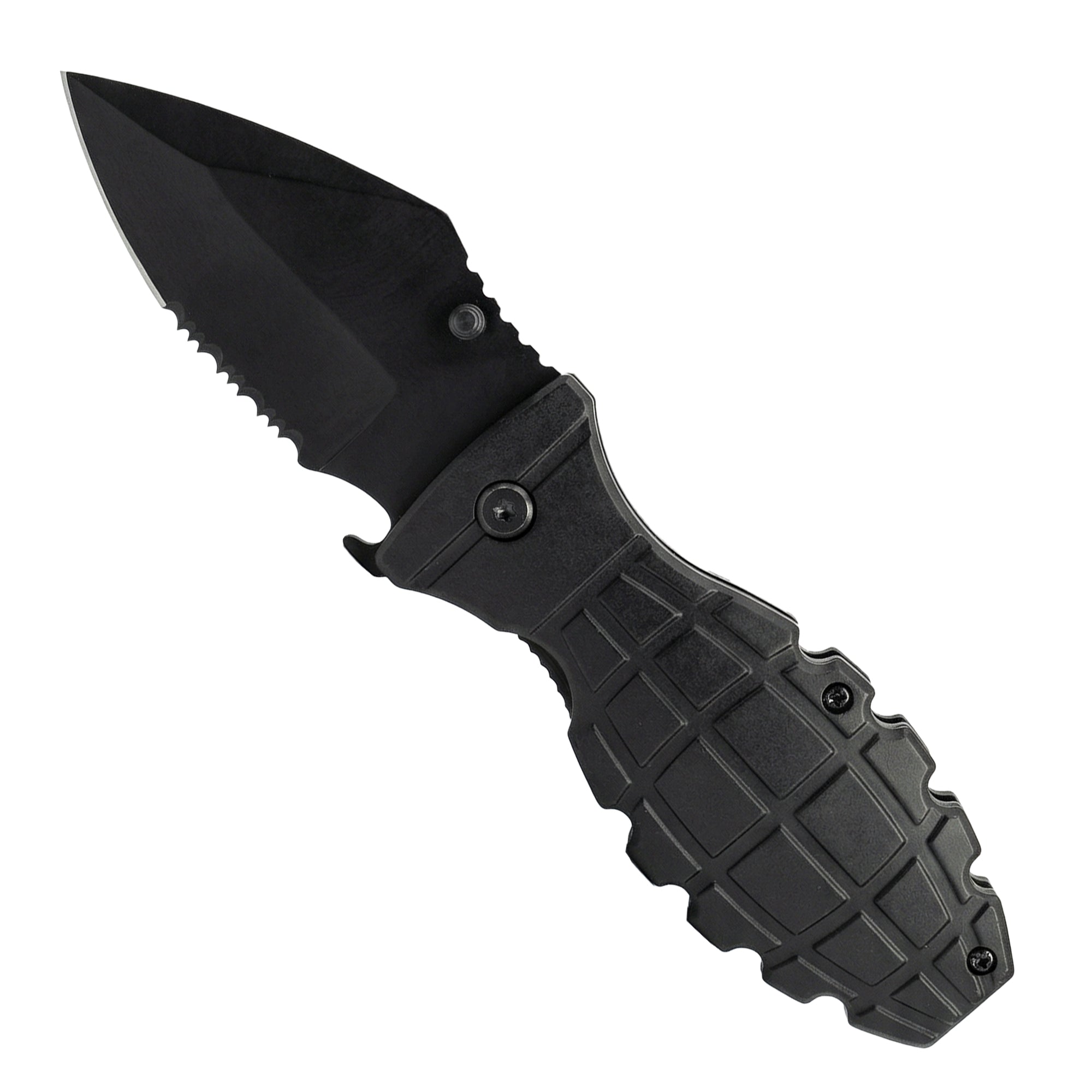 Black folding knife with a textured handle on a white background