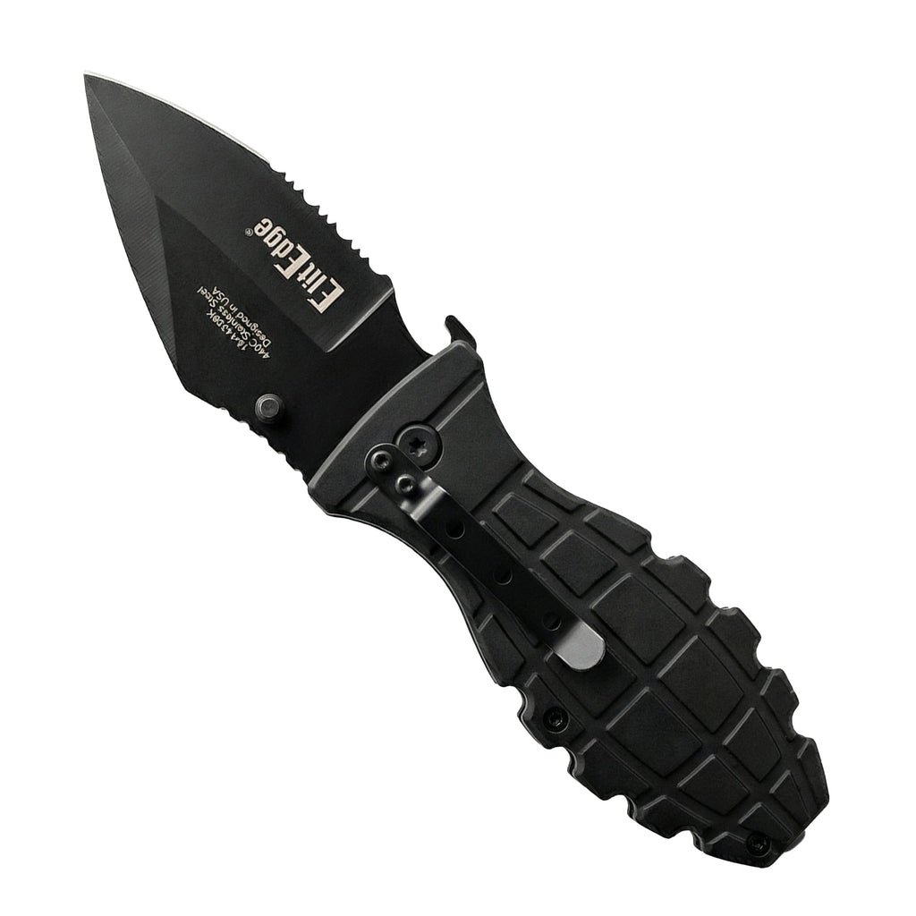 black textured open folding knife with elitedge logo
