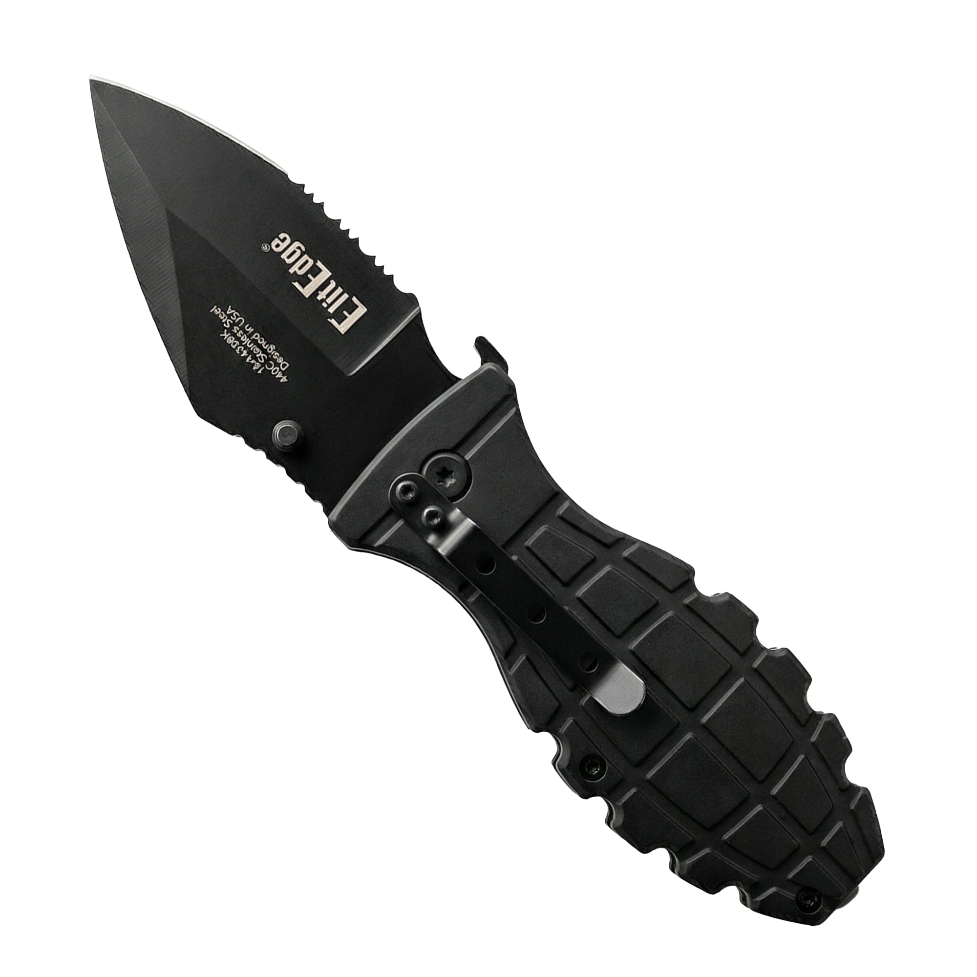 black textured open folding knife with elitedge logo