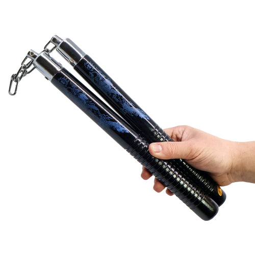 12" Black Wood Nunchucks with Blue Dragon