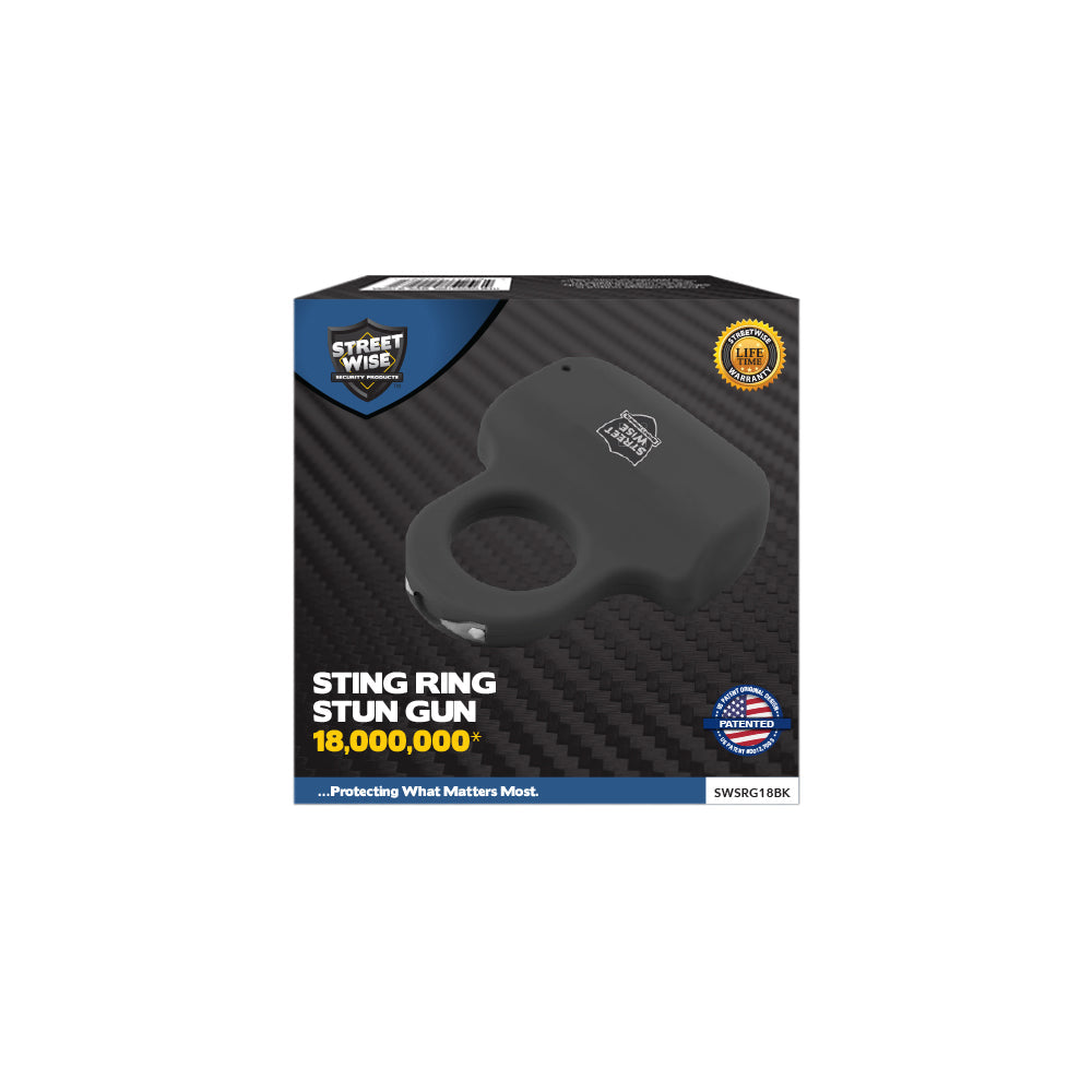 streetwise sting ring electric knuckle compact rechargeable self-defense product box packaging black unit with lifetime warranty and patented design
