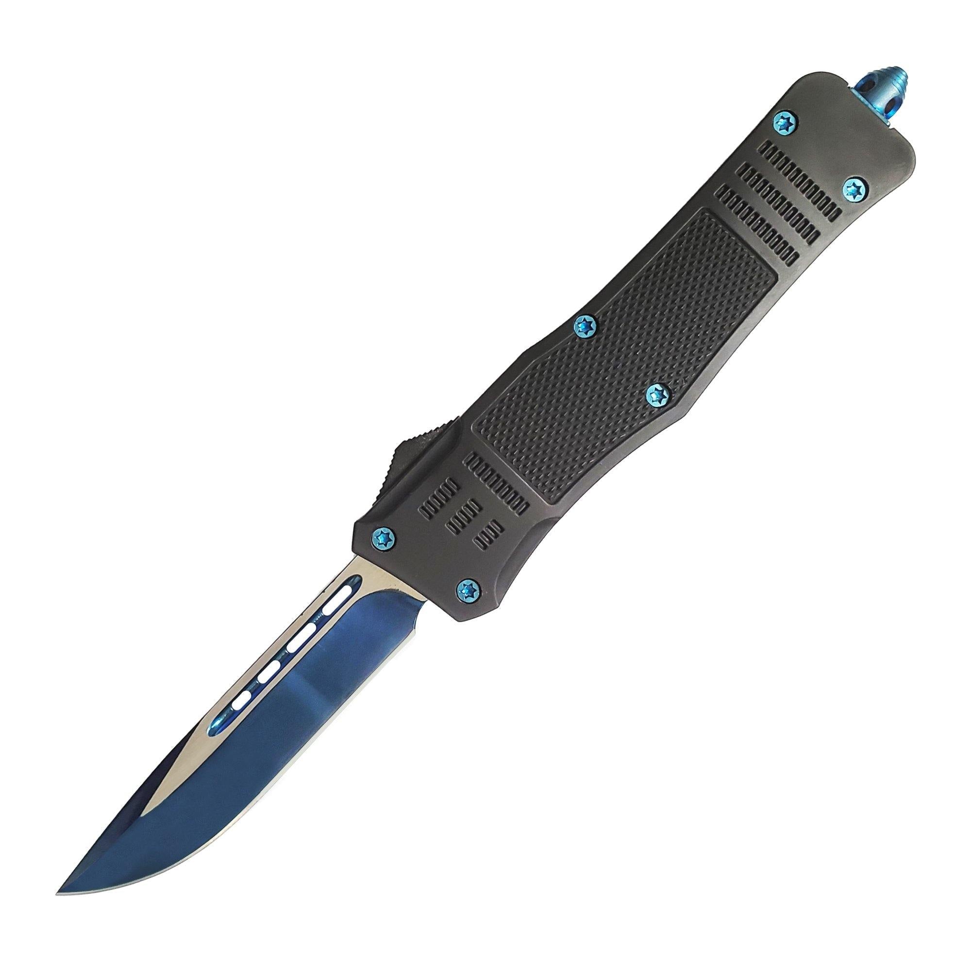 Armed Force Tactical automatic OTF knife with blue handle and satin stainless steel blade