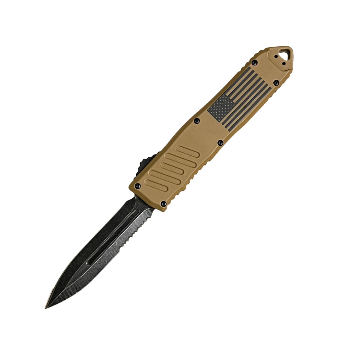 Armed Force Tactical OTF automatic knife with tan handle and black double-edge blade featuring American flag detail
