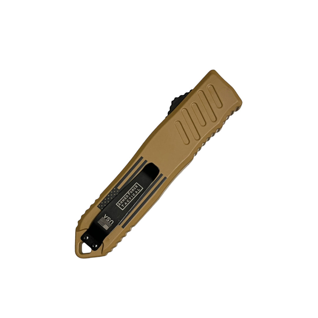 Folded Armed Force Tactical OTF knife showing tan handle, pocket clip, and USA Armed Force Tactical branding