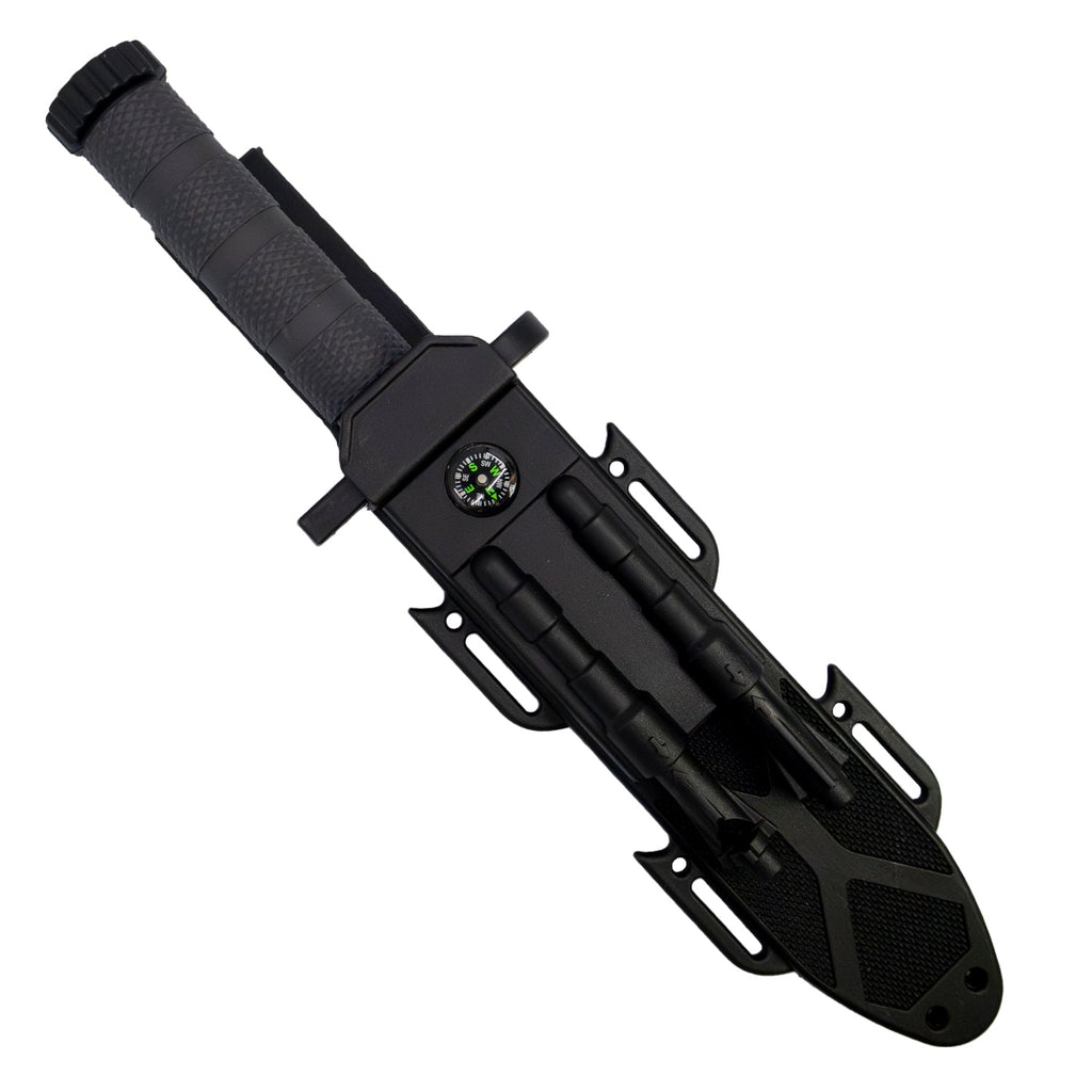 ElitEdge 12.5-inch fixed blade survival knife in black ABS sheath with built-in compass, fire starter, and sharpening rod.