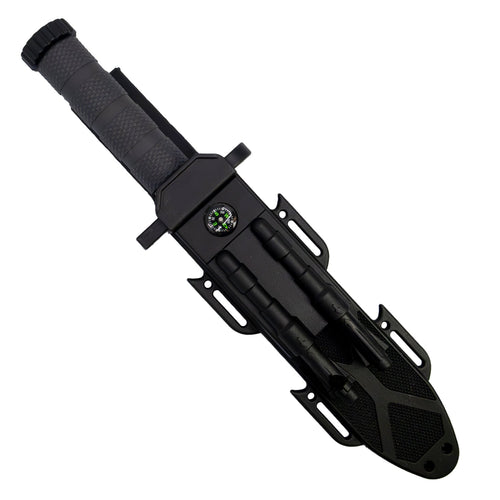 ElitEdge 12.5-inch fixed blade survival knife in black ABS sheath with built-in compass, fire starter, and sharpening rod.