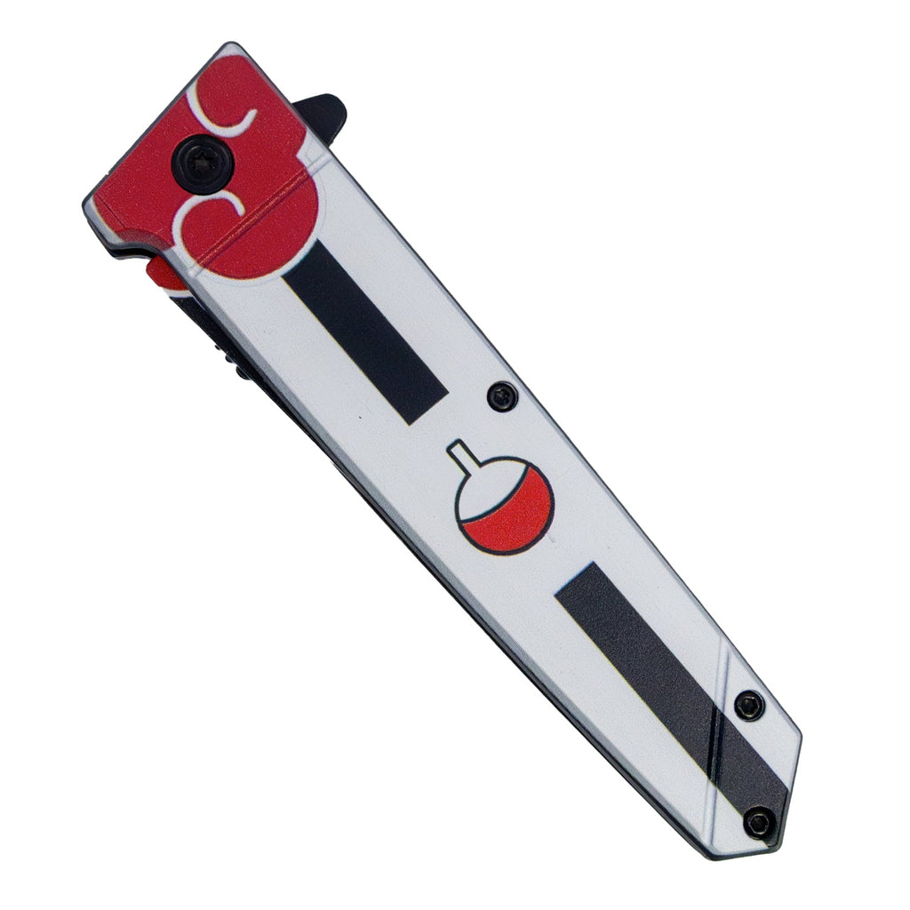 Closed view of ElitEdge 9-inch anime knife featuring red and white samurai handle design and sleek tanto-style profile.