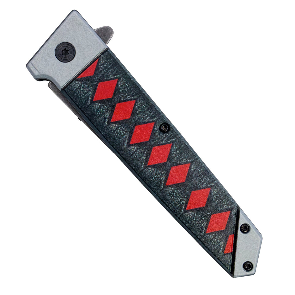 Closed ElitEdge 9-inch anime tanto knife with red diamond 3D-printed handle and black stainless steel frame.