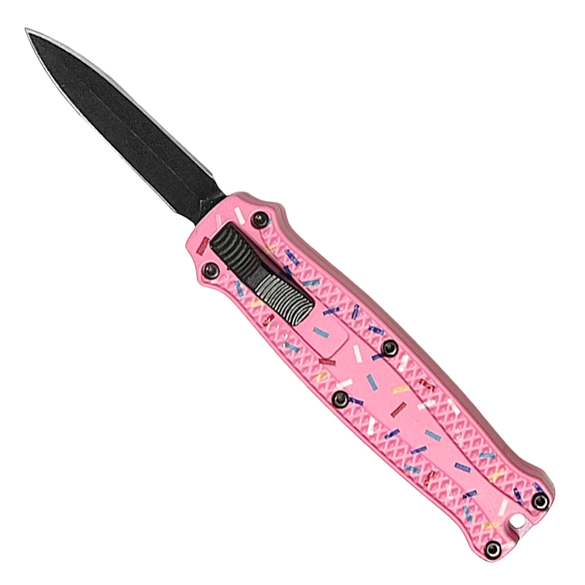 pink automatic out the front knife with decorative donut sprinkle handle