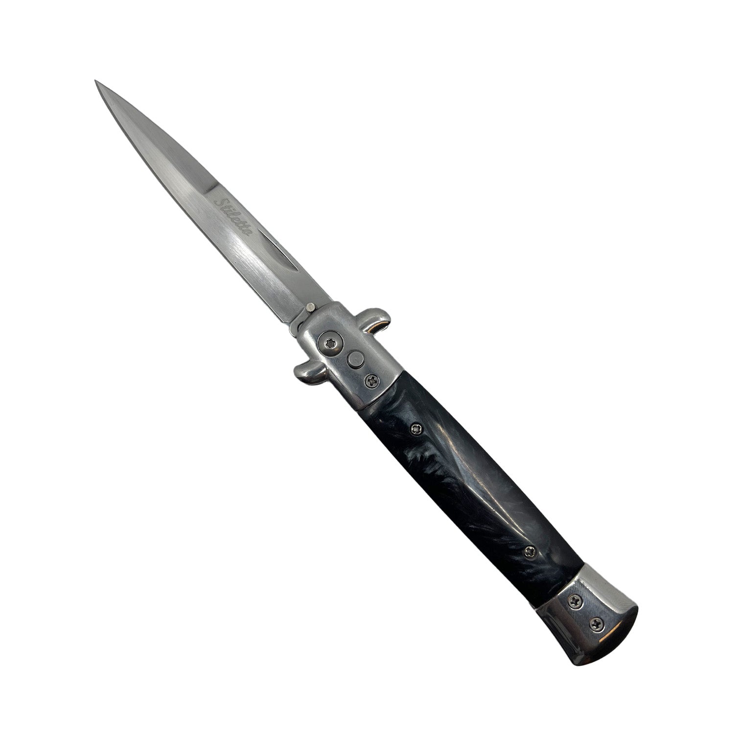Stiletto automatic knife with black marbled handle and satin stainless blade
