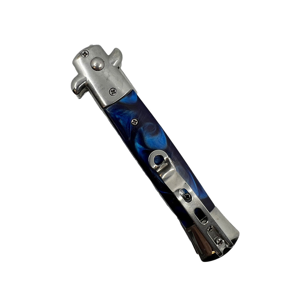 Stiletto automatic knife folded showing pocket clip and blue swirl handle design