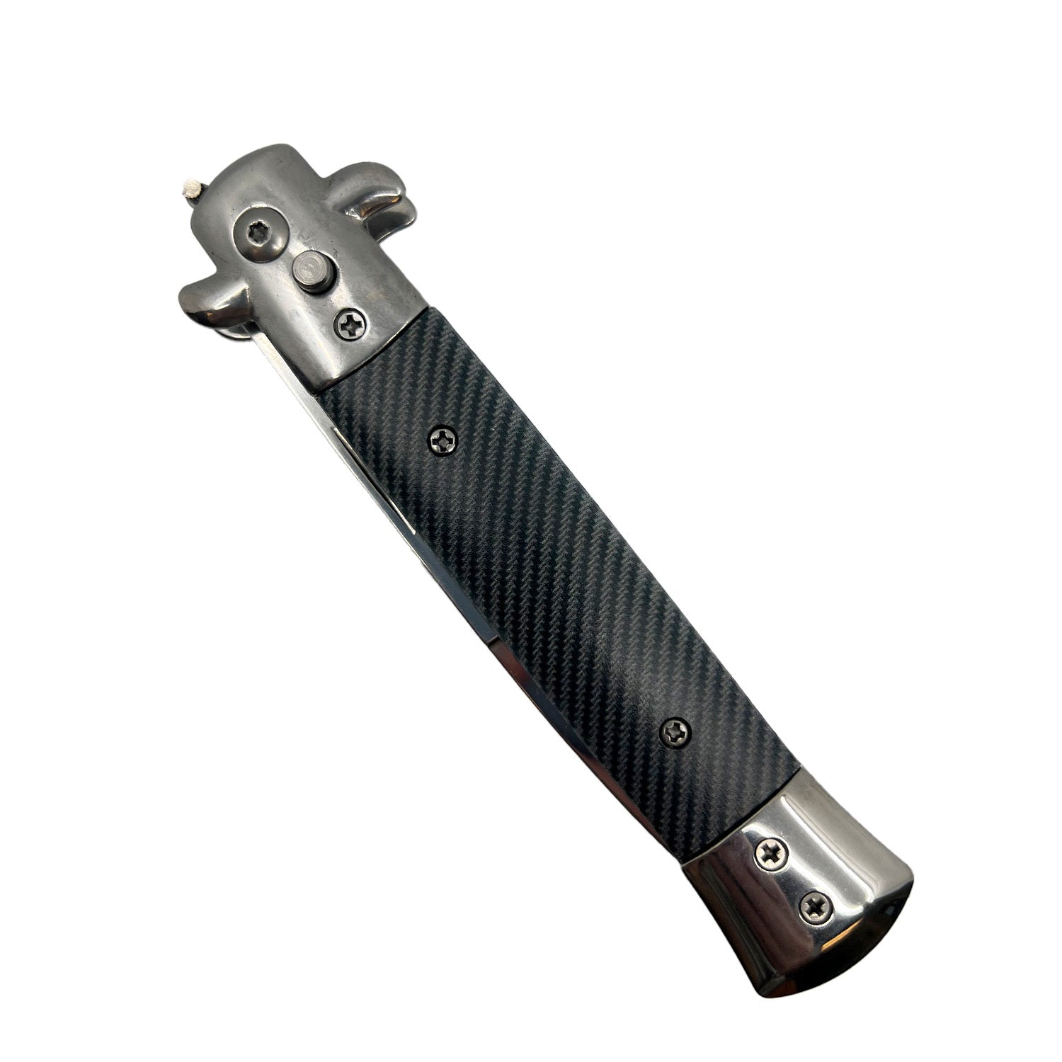 Closed Stiletto automatic knife with carbon fiber handle and stainless bolsters