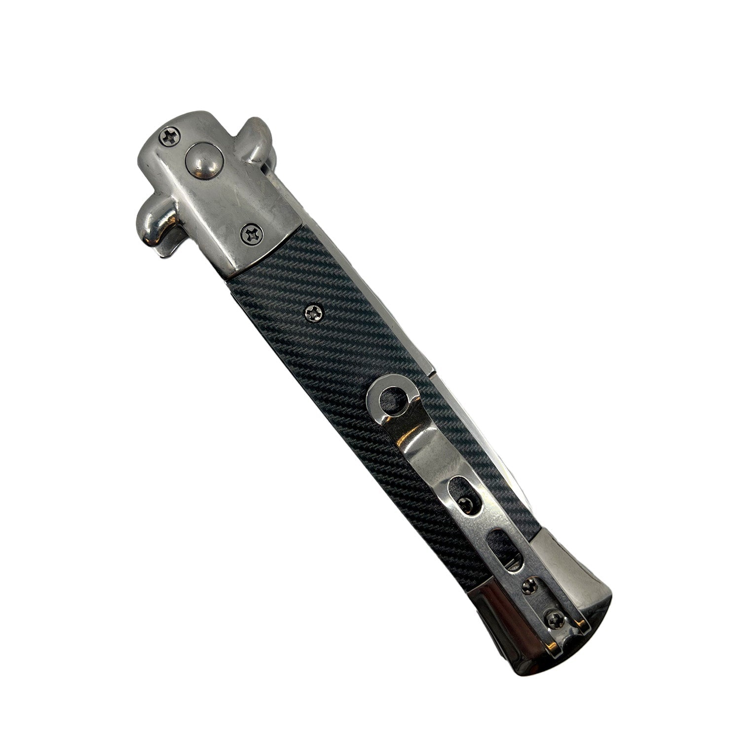 Stiletto automatic knife folded showing stainless pocket clip and carbon fiber handle