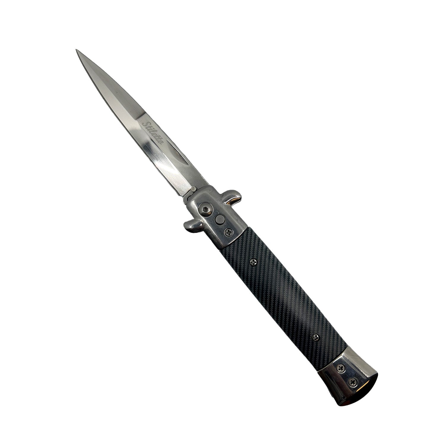 Stiletto automatic knife with carbon fiber handle and stainless stiletto blade