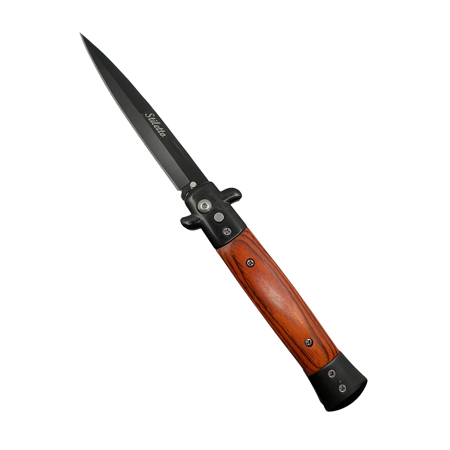 Stiletto automatic knife with natural wood handle and matte black stainless blade