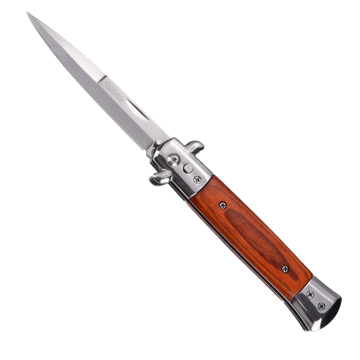 Stiletto automatic knife with wood handle and polished stainless steel blade