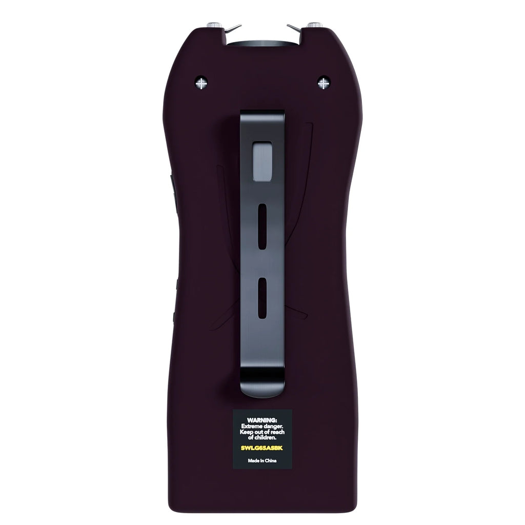 Streetwise black Lifeguard Auto Stun Gun back view showing belt clip attachment