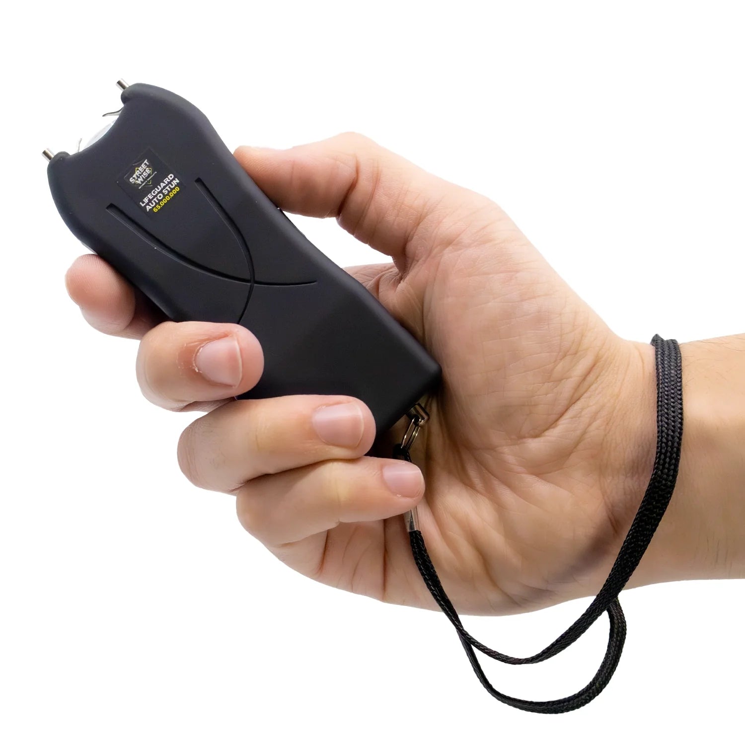 Streetwise black Lifeguard Auto Stun Gun shown in hand for scale and grip