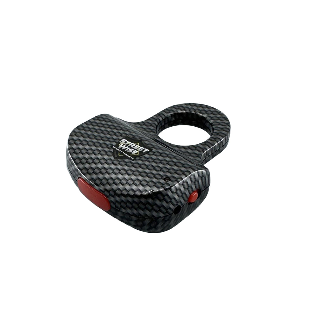 Streetwise finger ring stun gun electric knuckle carbon fiber pattern compact rechargeable self-defense product side view showing safety switch and charging port
