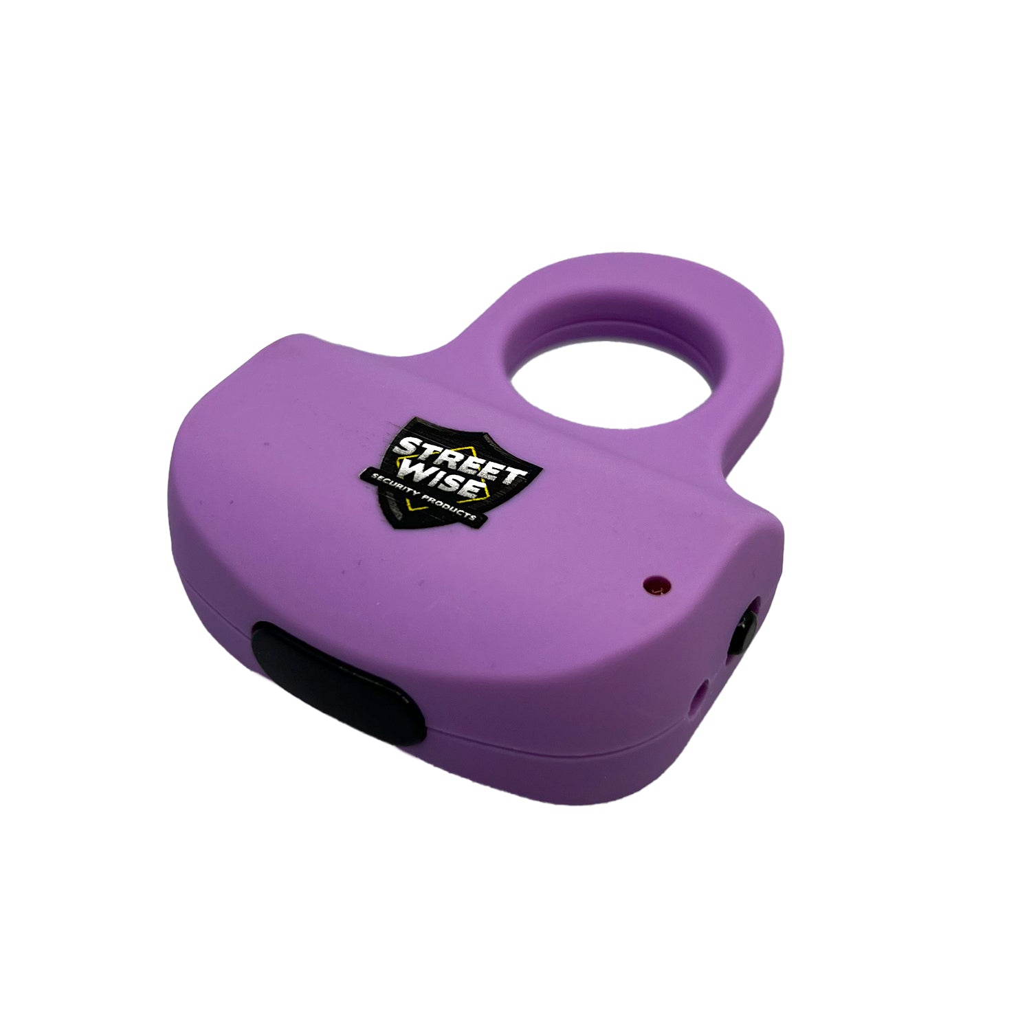 Streetwise finger ring stun gun electric knuckle light purple compact rechargeable self-defense product side view showing safety switch and charging port