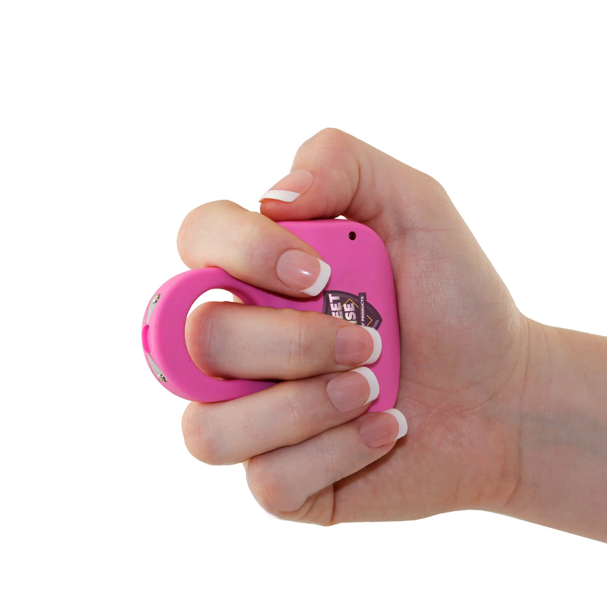 Streetwise finger ring stun gun electric knuckle pink compact personal safety product in hand