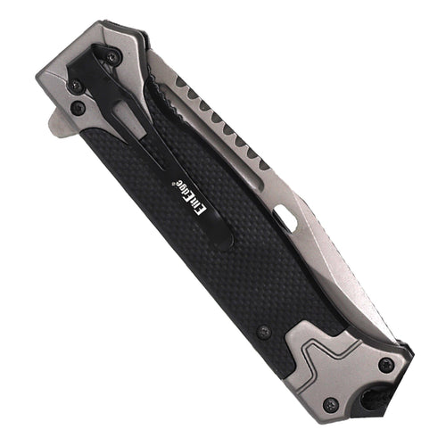 Wholesale 5 inch spring assisted titanium folding knife shown closed with pocket clip and textured handle