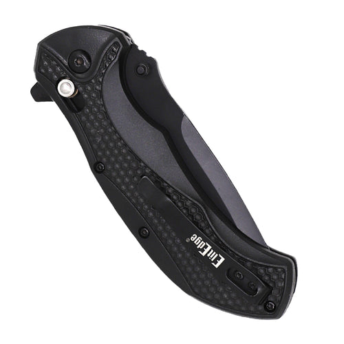 Wholesale spring assisted folding knife with axis lock shown closed, compact black handle design