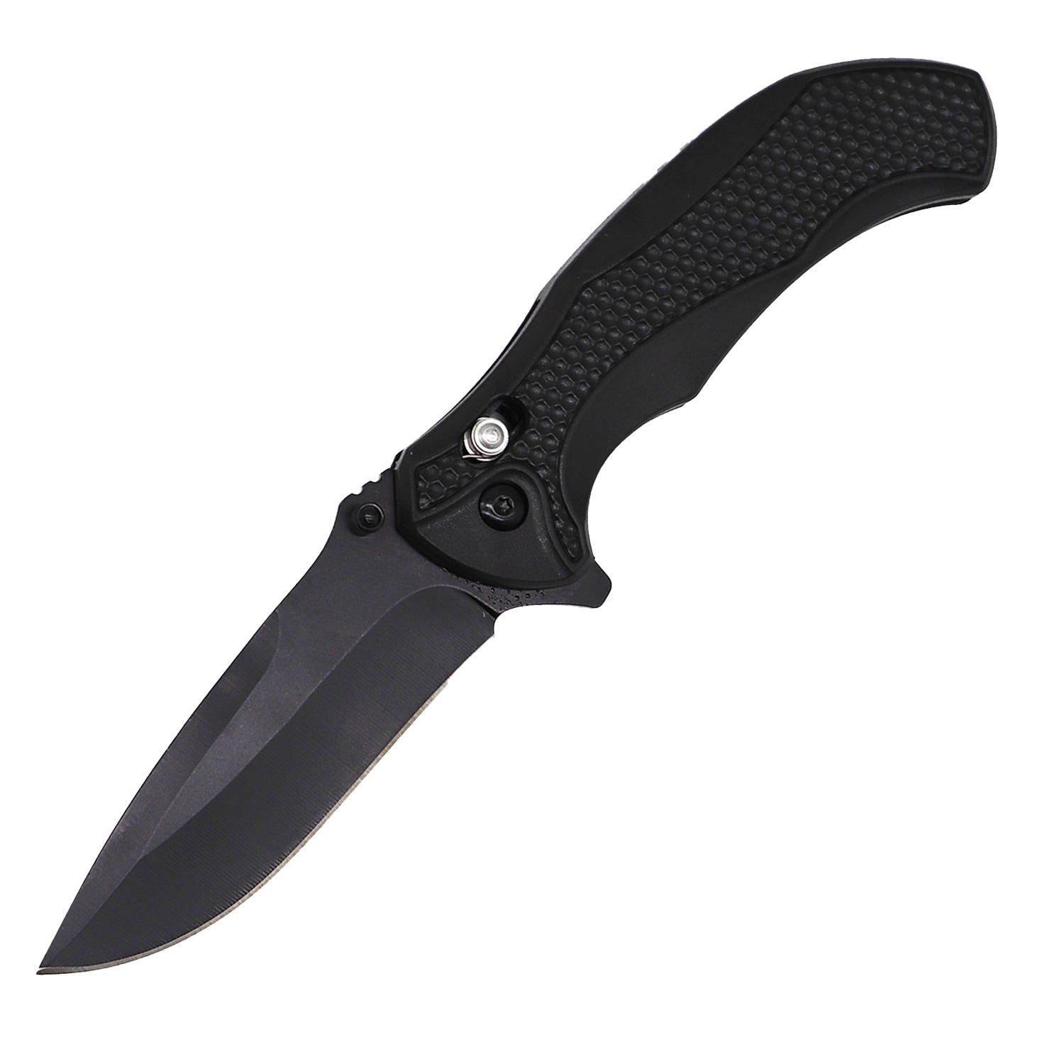 Wholesale spring assisted folding knife with axis lock open, black blade and textured handle