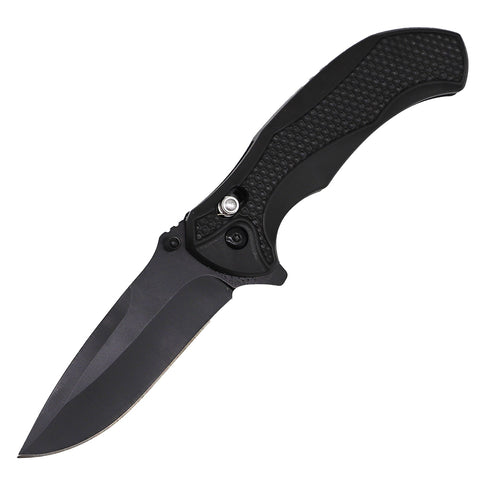 Wholesale spring assisted folding knife with axis lock open, black blade and textured handle